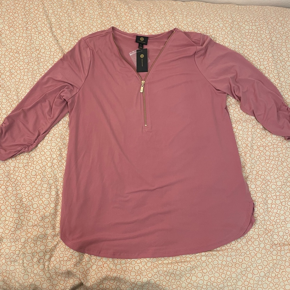 JM Collection Zip Front Top in Victorian Pink Size XL